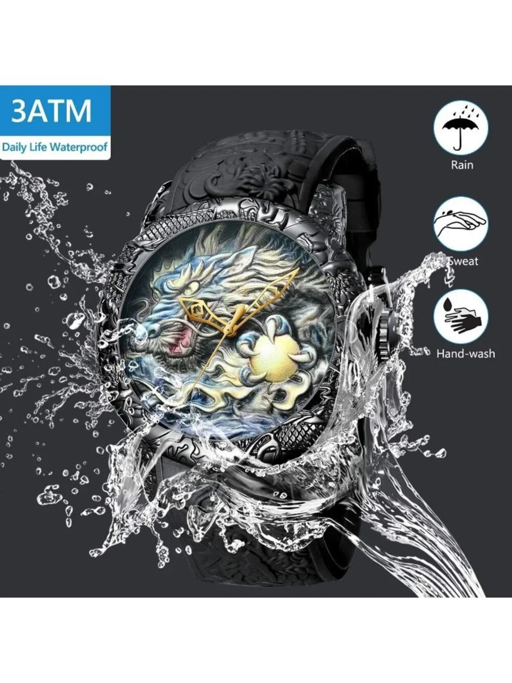 Mens Black Fashion Analog Quartz Big Dial 3D Sculpture Dragon Luxury Wrist Watch